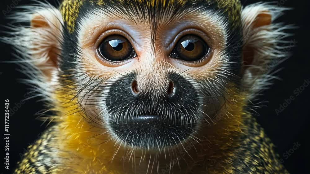 Poster captivating close-up of a vibrant monkey showcasing intricate facial features in a dark setting