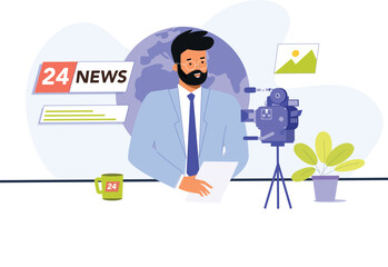 global news anchor in a studio setup, featuring a professional anchor sitting at a desk with multiple screens displaying international news, cameras, microphones, and a world map backdrop.