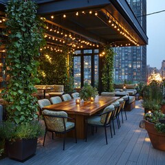 Fototapeta premium Rooftop restaurant dining at dusk with city skyline view