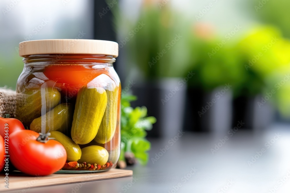 Poster this image features a jar filled with colorful mixed pickles, surrounded by tomatoes and fresh produ