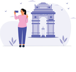 An illustration of India Gate, capturing its iconic arch and surrounding landscapes, with tourists exploring and taking photos, designed to highlight the monument's historical significance