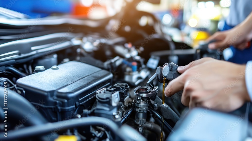 Poster a mechanic checking engine oil levels in a vehicle's engine compartment.