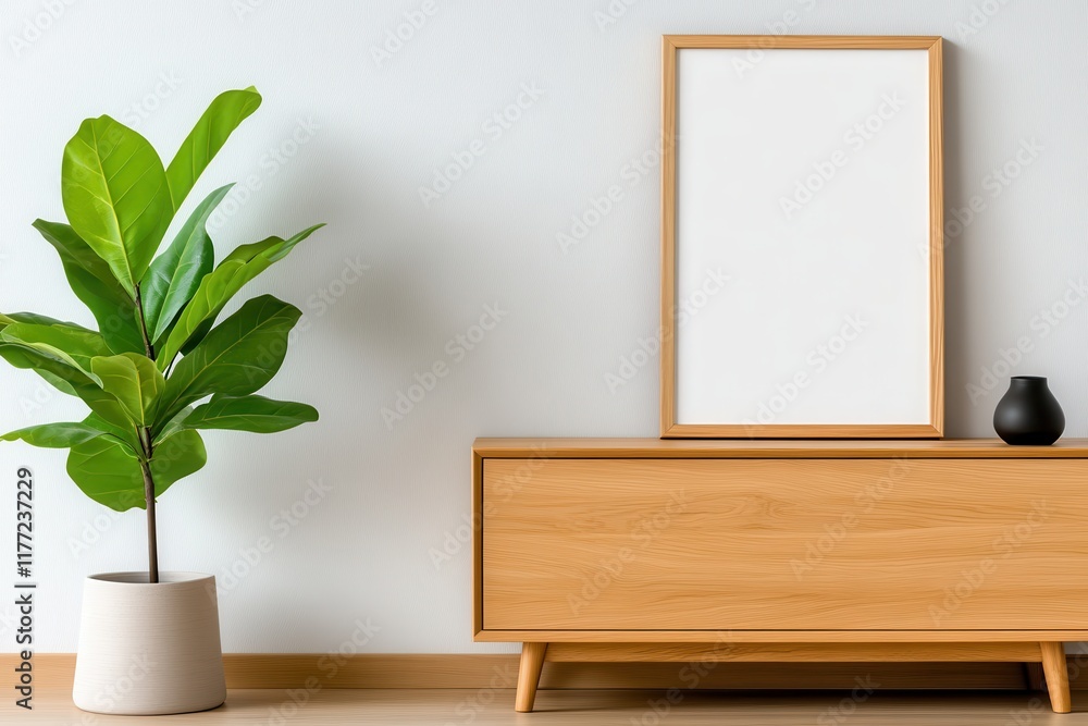 Poster this image shows a stylish minimalistic setup featuring an indoor plant beside a wooden cabinet and 