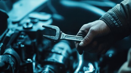 Obraz premium A mechanic holds a wrench near an engine, highlighting automotive repair work.