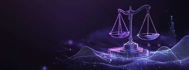 Digital scales of justice positioned over an AI hologram