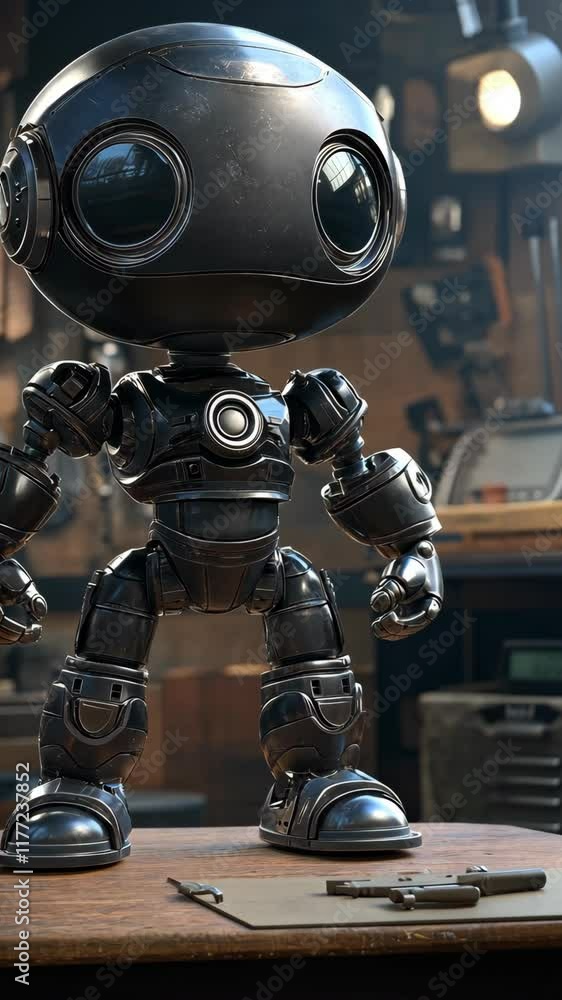 Poster robot stands in a workshop surrounded by tools and machinery, showcasing advanced technology and des