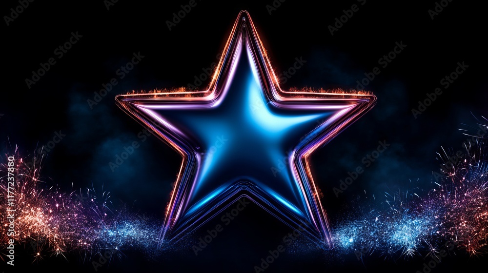 Poster glowing star with fiery edges, set against a dark background with sparkling particles.