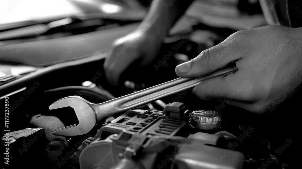 Poster a mechanic using a wrench to work on a car engine.