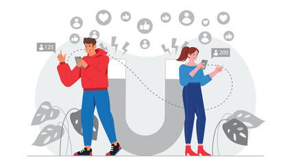 An illustration of social media engagement as a magnet for lead generation, with vibrant social media icons attracting potential leads, symbolized by digital users and customer interactions