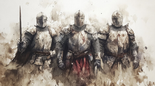 Towering knights in armor stand resolute amidst haze, embodying strength and valor. Their weathered armor tells tales of battles fought and honor upheld