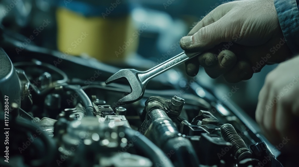 Poster a mechanic using a wrench to work on an engine in an automotive workshop.