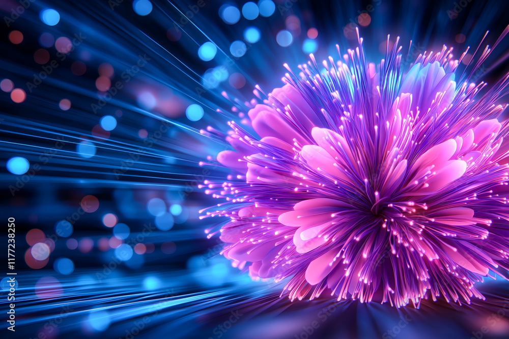 Poster vibrant display of glowing purple light rays emanates from spherical shape, creating mesmerizing vis