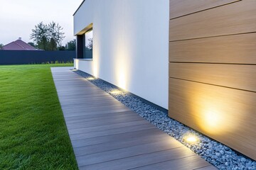 Obraz premium Modern Exterior Design with Landscape Lighting on Wooden Deck and Stone Pathway