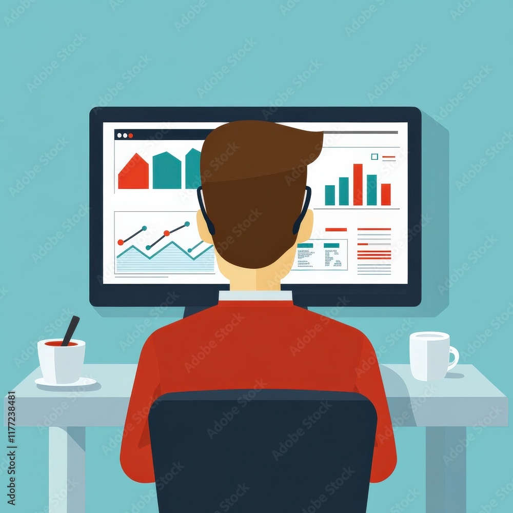 Aufkleber businessperson analyzing data on a computer with graphs and charts in modern office setting, focus o