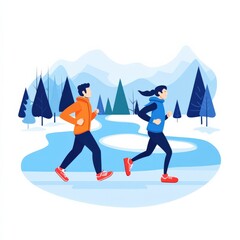 Fototapeta premium Young couple jogging in a winter landscape with snow-covered trees and mountains in the background, showcasing a healthy and active lifestyle in a serene environment