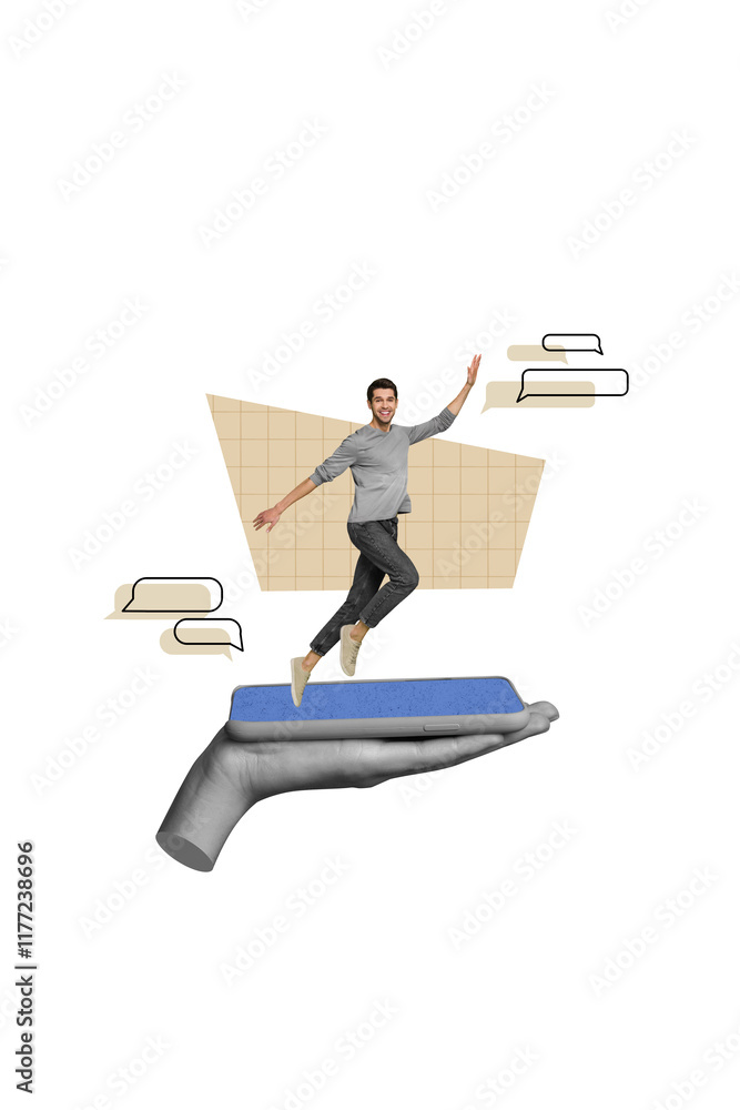 Poster Collage abstract artwork of cheerful happy man blogger run huge display isolated on drawing beige color background