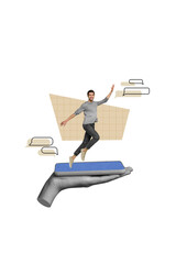 Collage abstract artwork of cheerful happy man blogger run huge display isolated on drawing beige color background