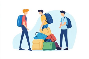 Group of three young people with backpacks engaging in fun conversation over a pile of colorful bags, showcasing friendship and adventure in an animated style