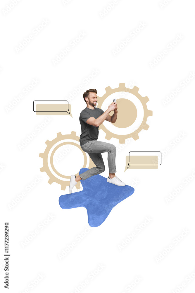 Aufkleber image collage sketch of happy handsome running man typing texting sending sms wifi connection isolat