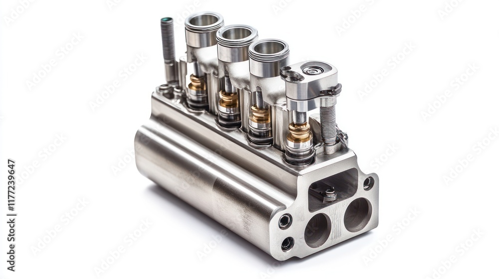 Poster a metallic automotive component featuring multiple valves for engine performance.