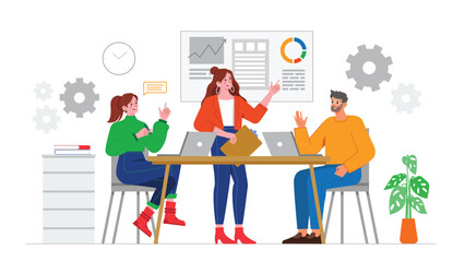 An illustration of team collaboration on process management, showing professionals working together around a large digital screen with flowcharts, timelines, and task management tools to optimize work