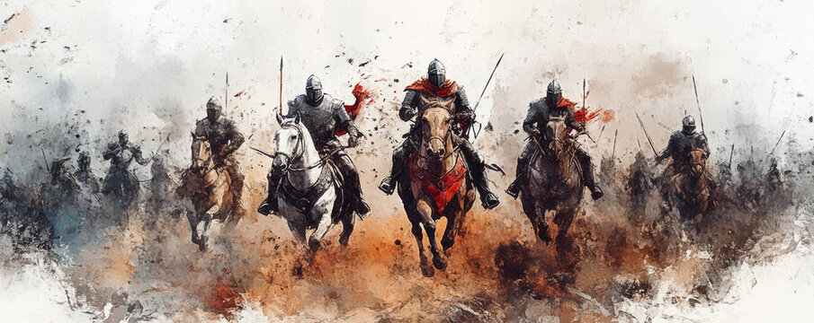 Heroic knights leading charge on horseback, showcasing bravery and strength in battle. dynamic scene captures essence of medieval warfare and camaraderie