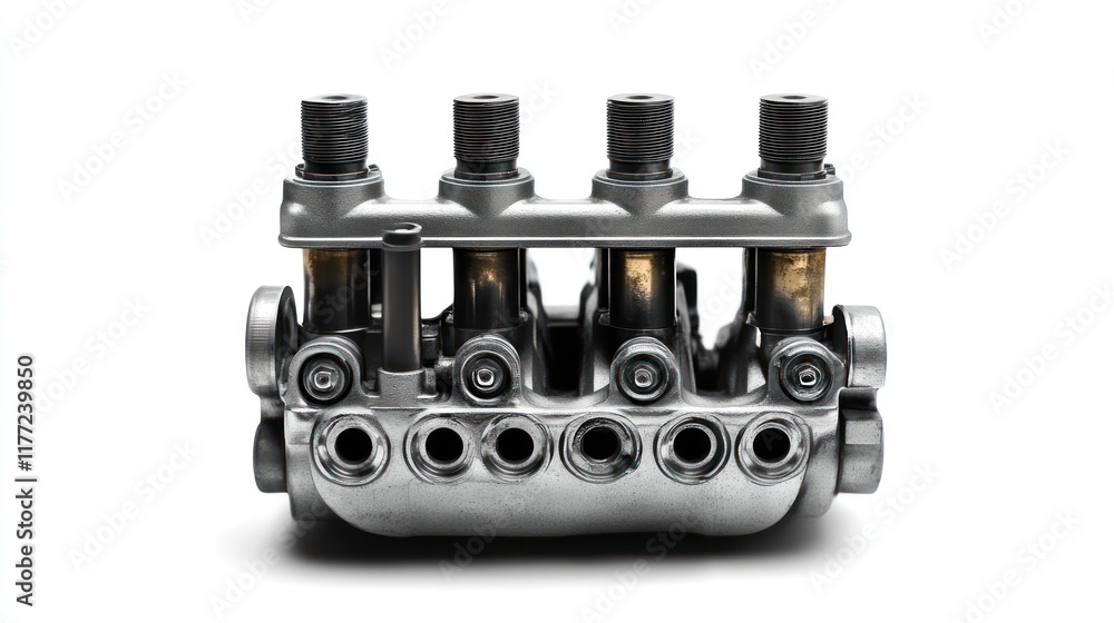 Poster A metallic automotive engine component featuring multiple valves for efficient performance.