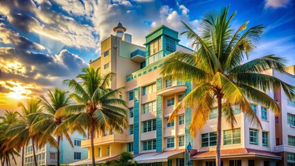 Fototapeta premium Art Deco South Beach Miami Hotel - Elegant Exterior with Palm Trees and Ocean View