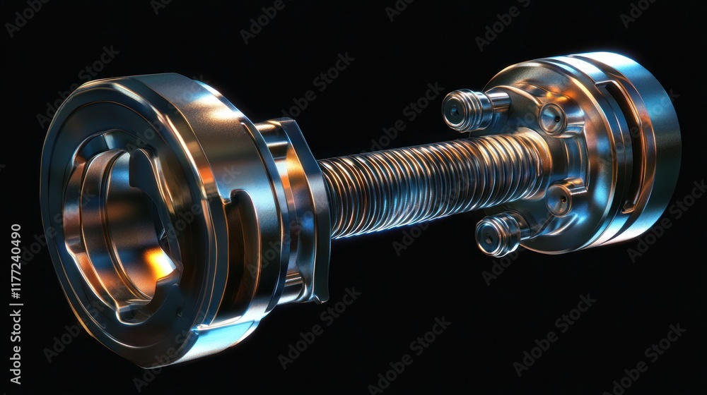 Poster a metallic component featuring a threaded rod and circular ends, likely for mechanical use.