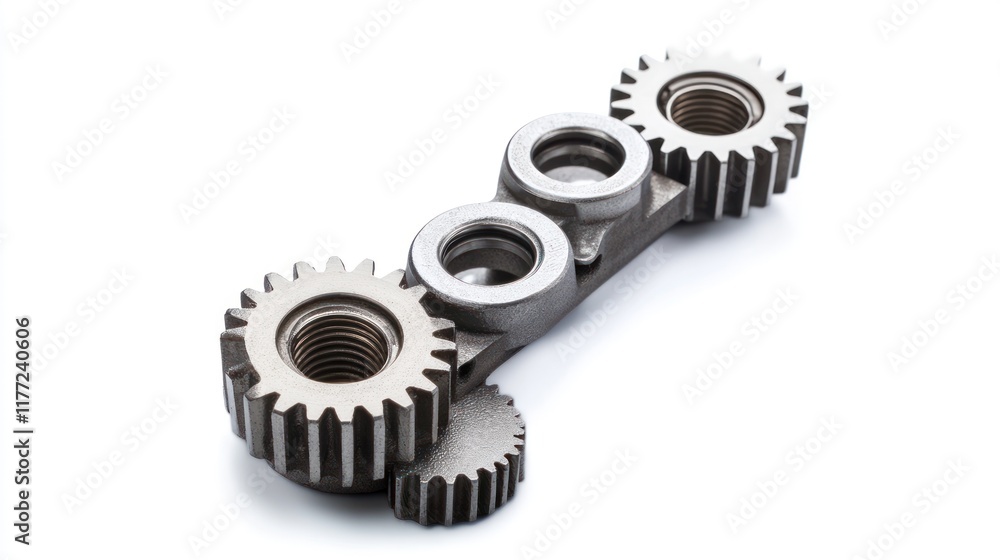 Poster A metallic component featuring gears and threaded sections, likely for machinery use.