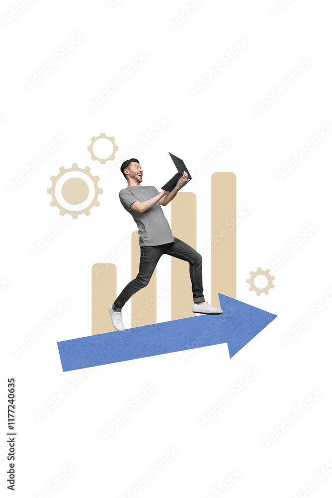 Poster artwork collage sketch of successful funky guy running goal purpose progress isolated on drawing bei