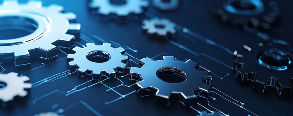 A close-up view of metallic gears on a digital background, representing technology, machinery, and intricate engineering.