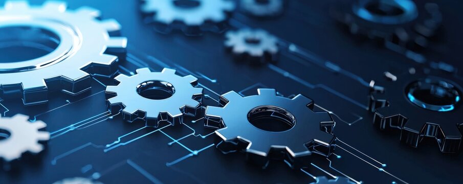 A close-up view of metallic gears on a digital background, representing technology, machinery, and intricate engineering.