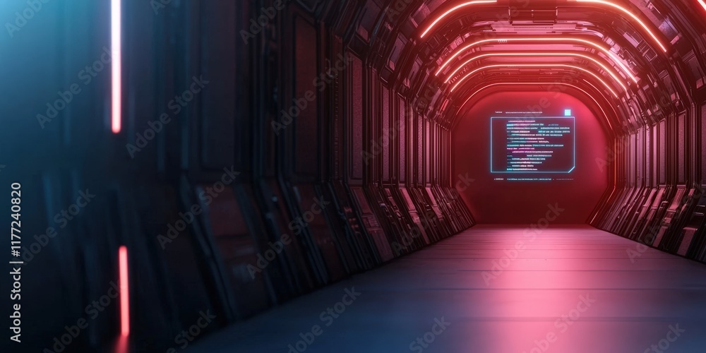 Poster a futuristic corridor illuminated by neon lights, featuring a digital display with code, creating a 