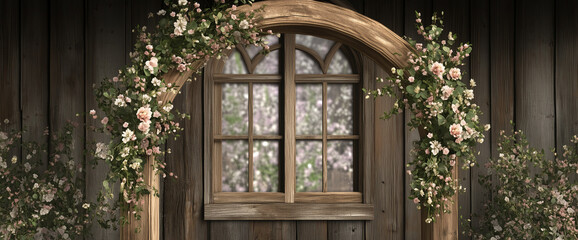 The rustic wooden arch adorned with delicate pastel flowers and greenery creates an enchanting backdrop for the wedding ceremony decor