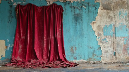 Red curtain hanging on a decrepit wall in abandoned building
