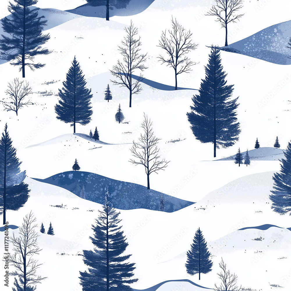 Poster snowy landscape with stylized trees and hills in a blue and white color scheme, creating a serene wi