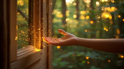 Sunlight and Magic A hand reaches for golden sparkles against a blurred forest bokeh.