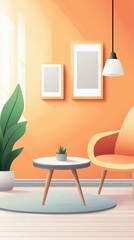 Bright and Modern Living Room with Orange Walls, Cozy Armchair, Indoor Plant, Minimalist Decor, and Stylish Table in a Contemporary Space