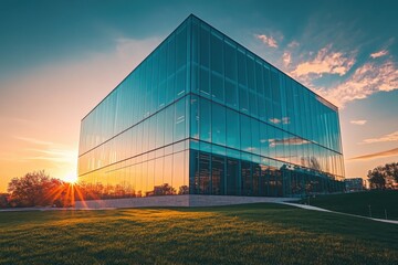 Obraz premium a modern glass building on a green lawn at sunset