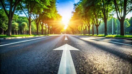 Fototapeta premium Asphalt Road Straight Ahead: Bokeh Effect Arrow Marking Highway Route