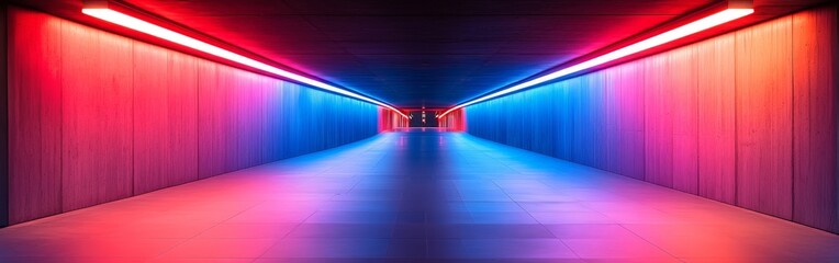 Fototapeta premium A futuristic corridor illuminated with neon lights, perfect for sci-fi, gaming, or modern studio backgrounds.