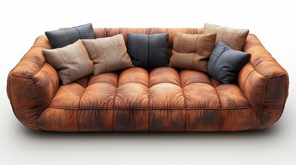 Obraz premium Luxurious Brown Leather Sofa with Tufted Design and Pillows