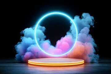 Obraz premium vibrant abstract scene featuring round podium surrounded by colorful smoke. glowing circle and soft clouds create captivating atmosphere, perfect for showcasing products or art