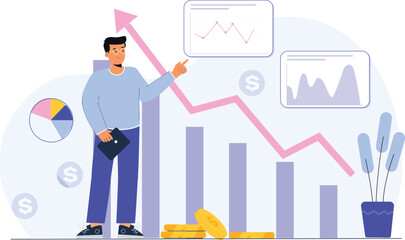 An illustration of a dynamic trading app for stock market insights, featuring a mobile device displaying real-time market data, stock charts, and interactive features like buy/sell buttons and trend i