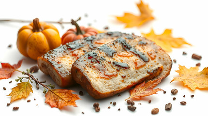 A wet autumn scene featuring food isolated on a white background