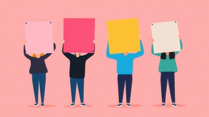 Obraz premium Colorful Group of People Holding Blank Boards for Display on Pastel Background in Creative Concept Conceptualizing Ideas and Collaboration