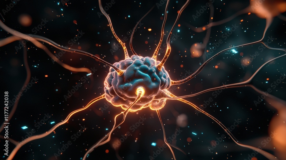 Poster a vibrant depiction of a neuron, showcasing intricate connections and glowing pathways, illustrating