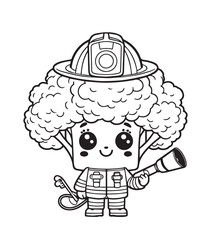 Coloring book broccoli firefighter pose illustration 