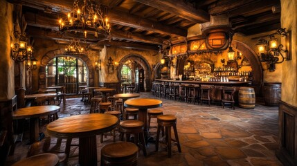 Fototapeta premium Rustic tavern interior featuring wooden furniture and warm ambient lighting